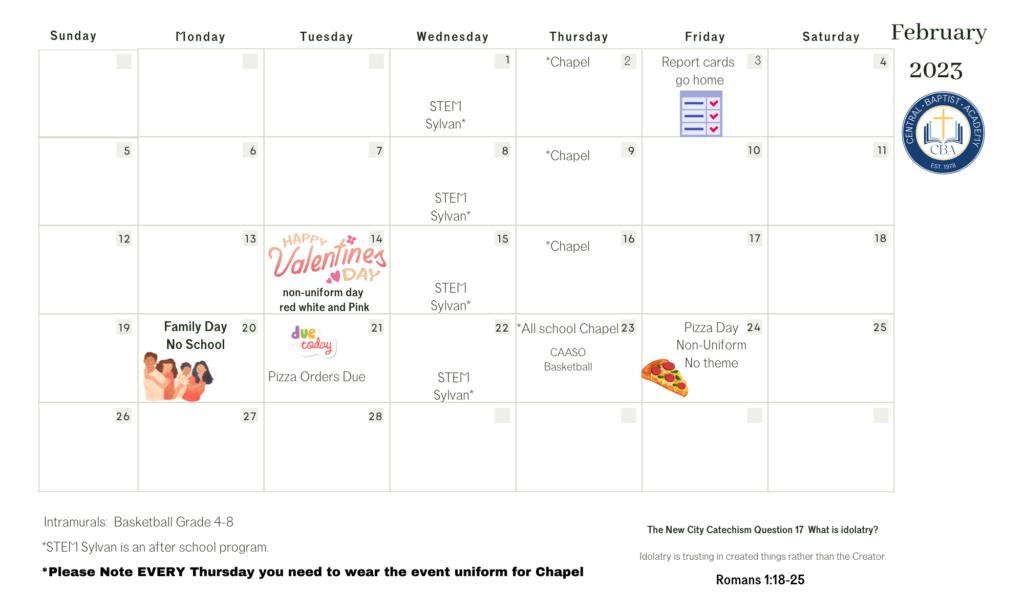 School Calendar February 2023