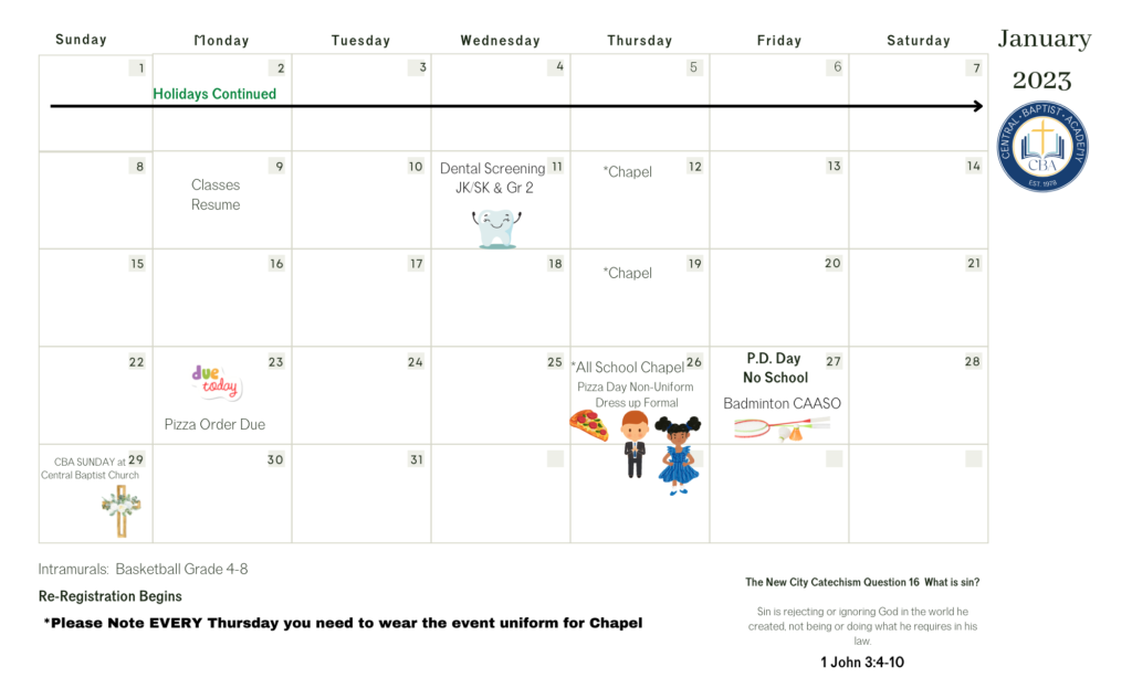 School Calendar January 2023
