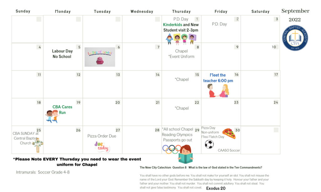 School Calendar September 2022